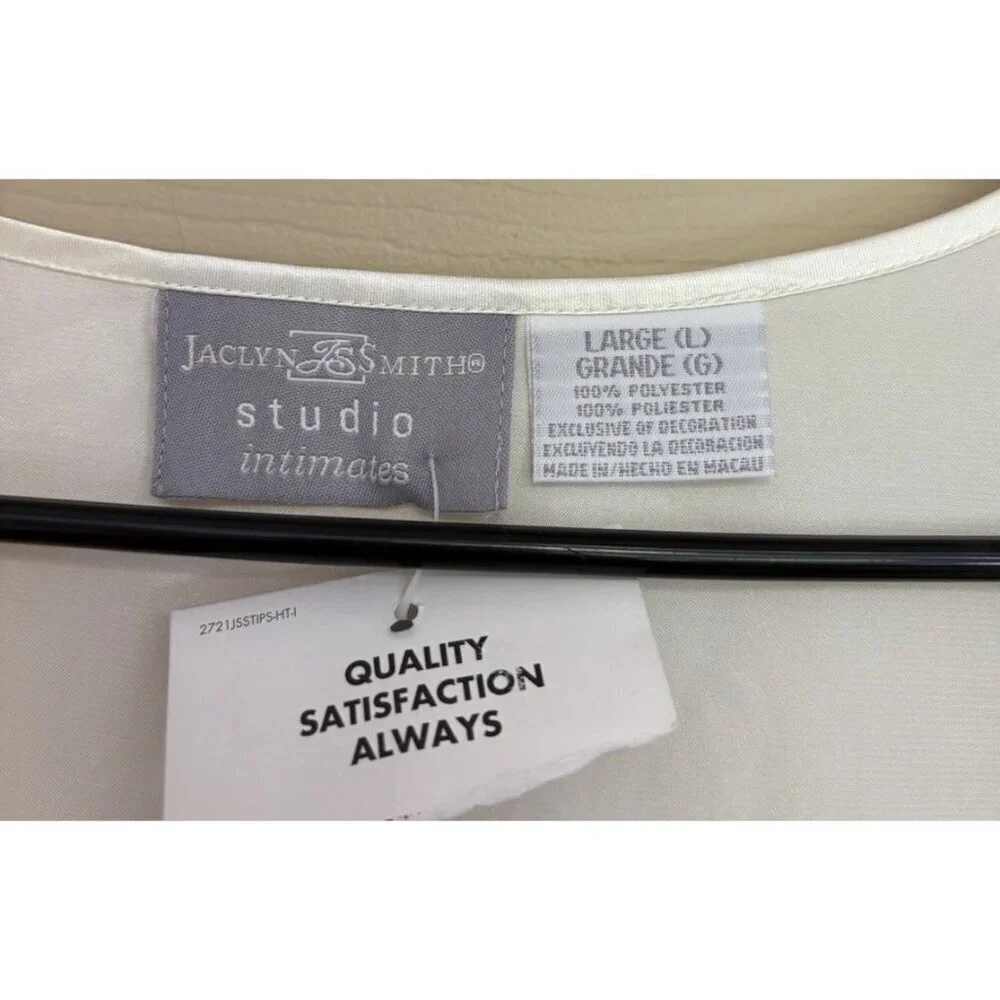NEW VINTAGE JACLYN SMITH GLOSSY SHINY SATIN LONG IVORY NIGHTGOWN EMBROIDERED LG - Picture 5 of 5